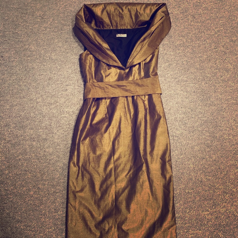 Barbara Tfank drape shoulder copper cocktail dress